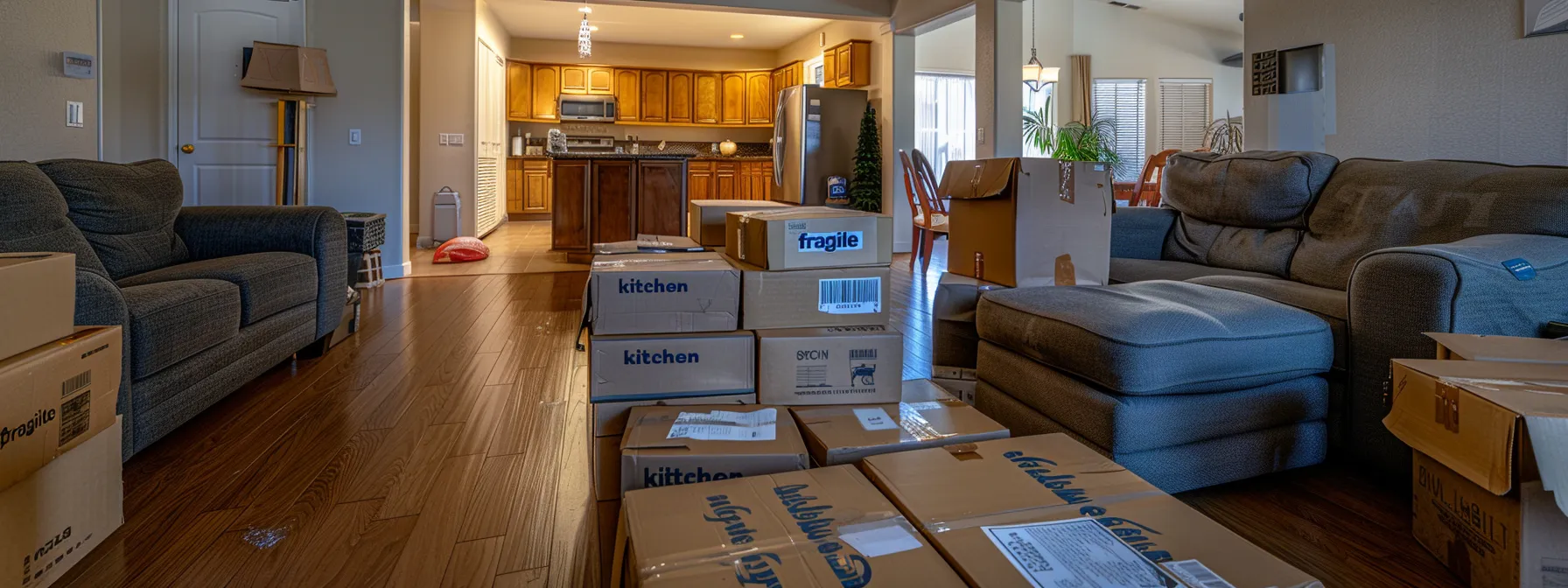 Boxes Neatly Stacked In A Spacious Living Room, Some Labeled 