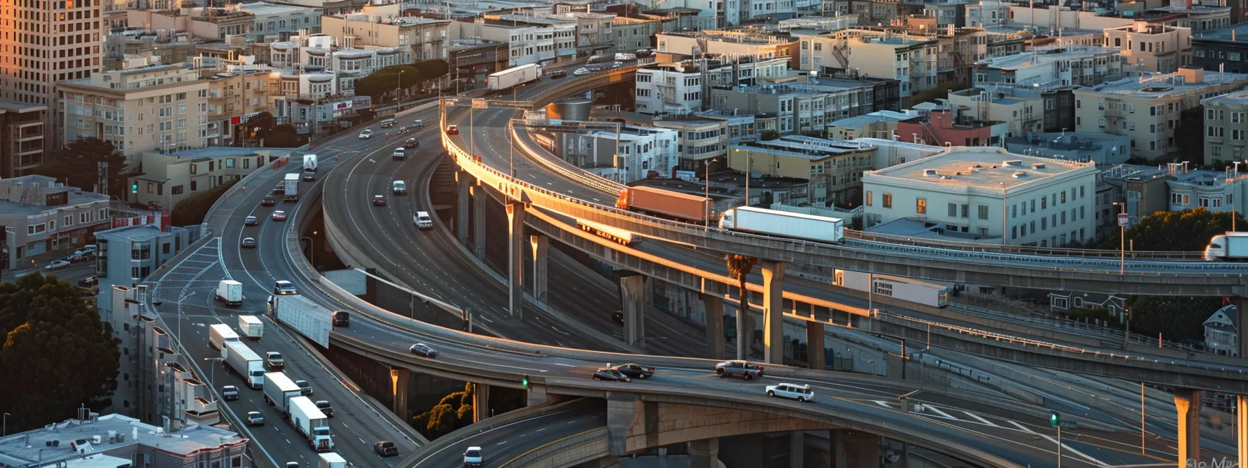 Breathtaking Aerial View Of Moving Trucks Snaking Through The Cityscape Of Downtown San Francisco.