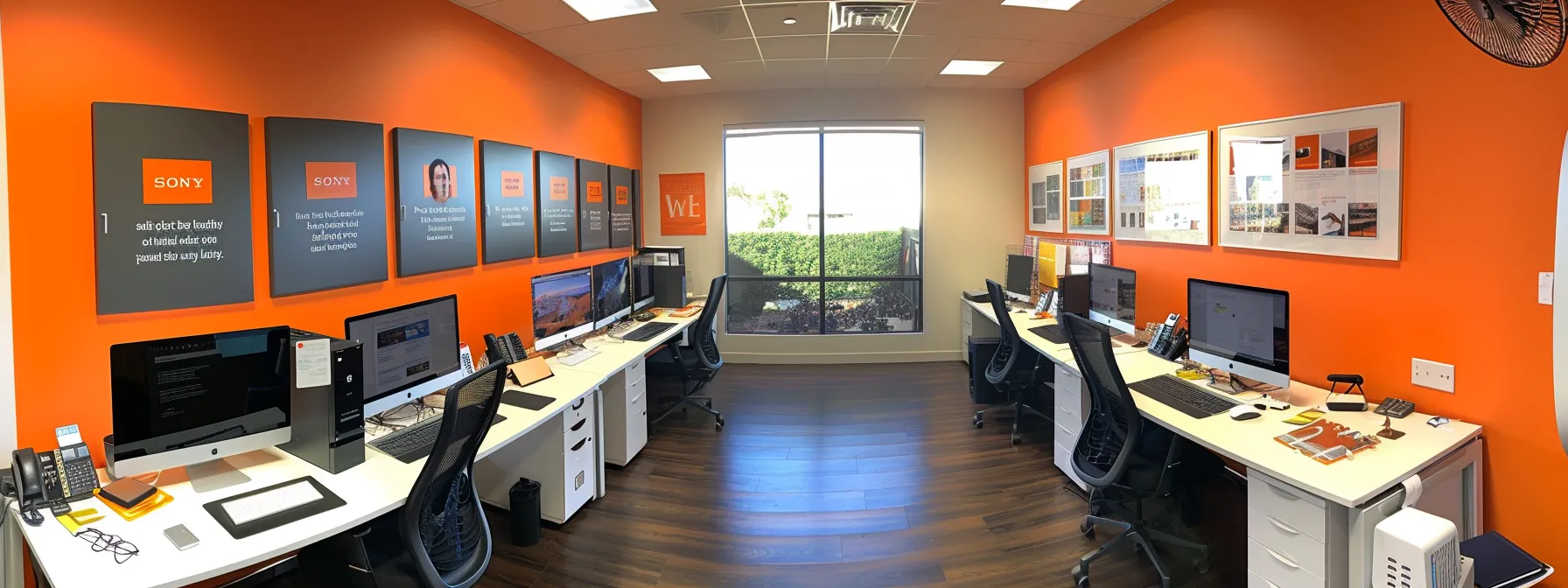 Bright Orange Walls Adorned With Motivational Quotes And Sleek, Modern Workstations Being Set Up By A Cohesive Team In A New Orange County Office Space In Irvine, Ca (33.6839° N, 117.7947° W).