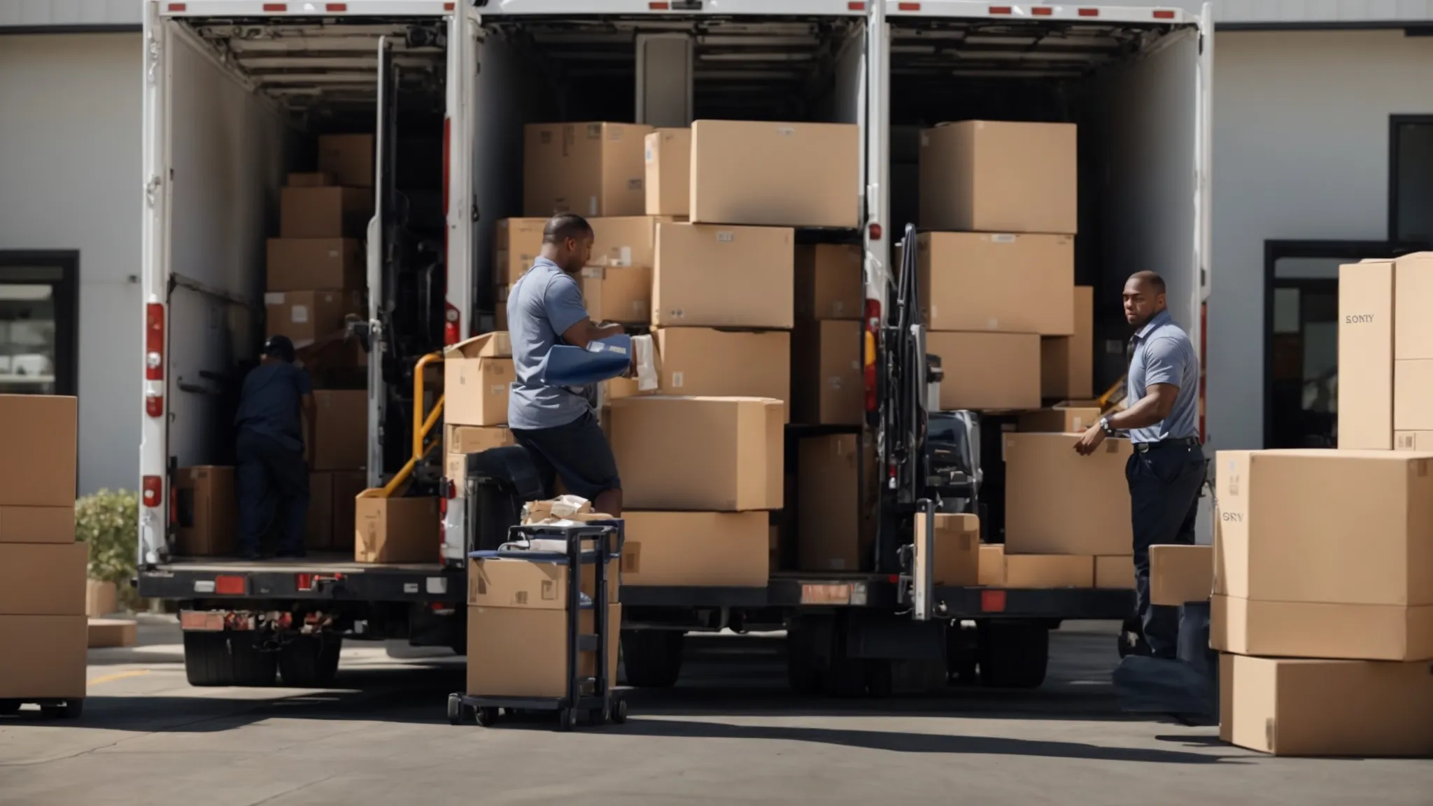 A Bustling Office Moving Company In Orange County, With Movers Loading Boxes And Furniture Onto A Truck, Located In Irvine, Ca (Lat: 33.6846, Long: -117.8265).