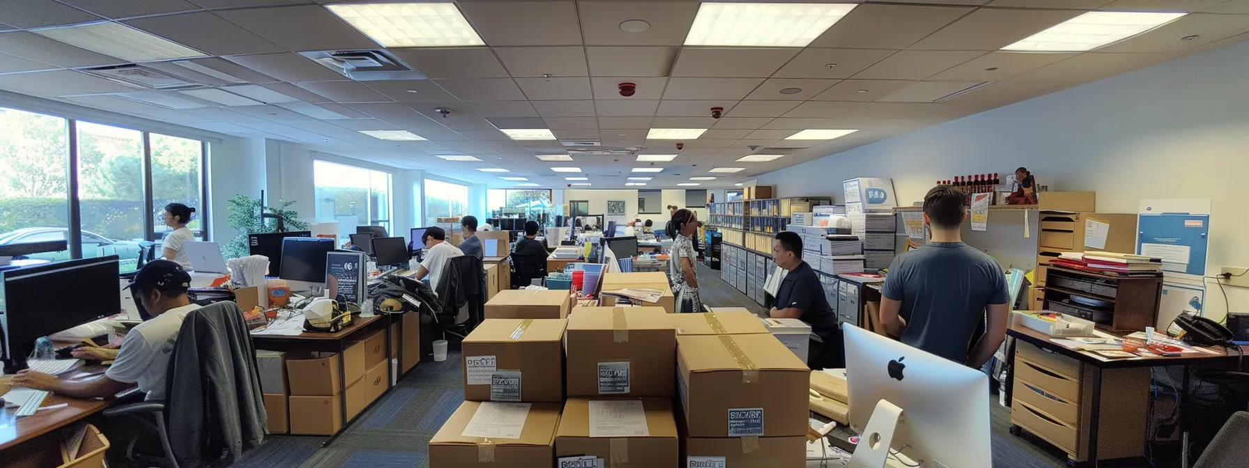 A Busy Office Space With Employees Organizing And Labeling Items For An Upcoming Move In Irvine, Ca (33.6846° N, 117.8265° W).