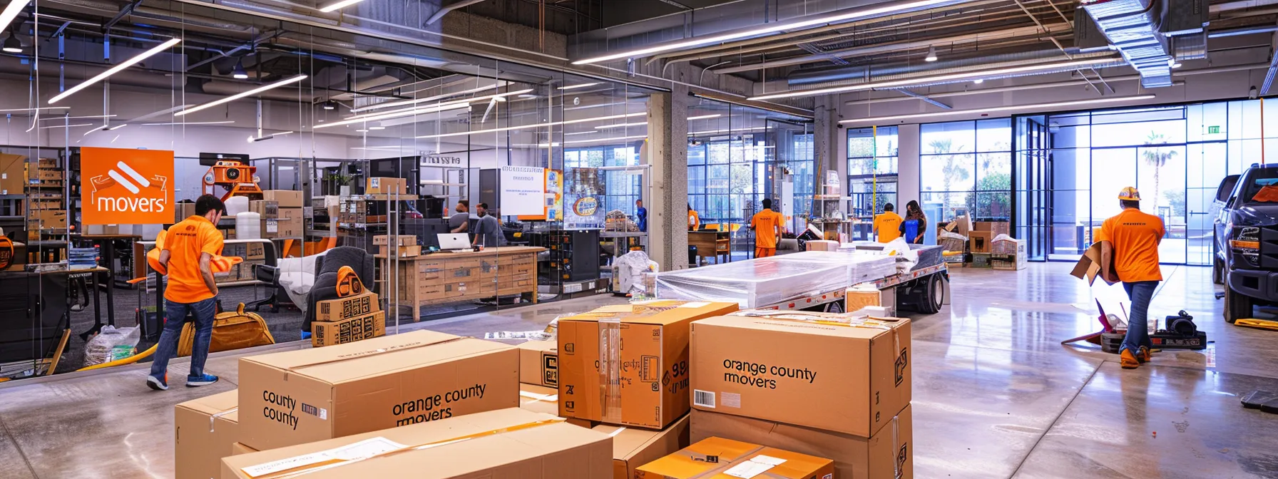 A Busy Office Space With Workers Packing Boxes Labeled With Various Moving Companies While A Team In Orange Uniforms Carefully Loads Furniture Onto A Truck Labeled 