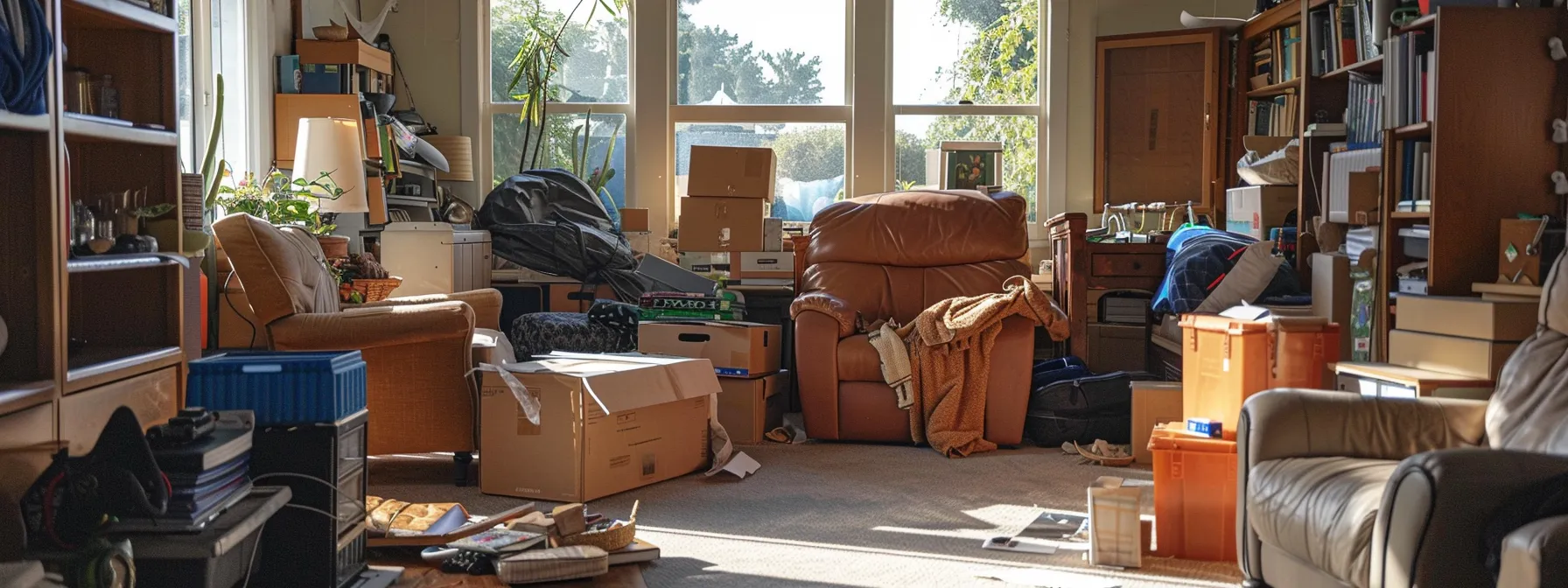 A Cluttered Living Room With Oversized Furniture And Boxes, Illustrating The Impact Of Size And Weight On Moving Costs In Orange County.