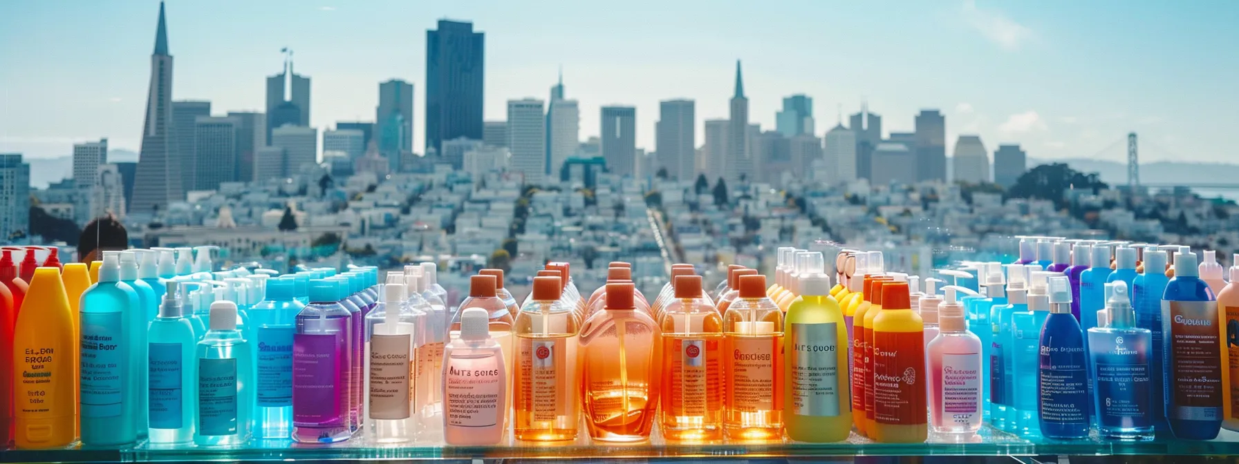 Colorful Array Of Travel-Sized Toiletries Neatly Arranged In A Clear, Tsa-Compliant Bag With The Iconic San Francisco Skyline In The Background.