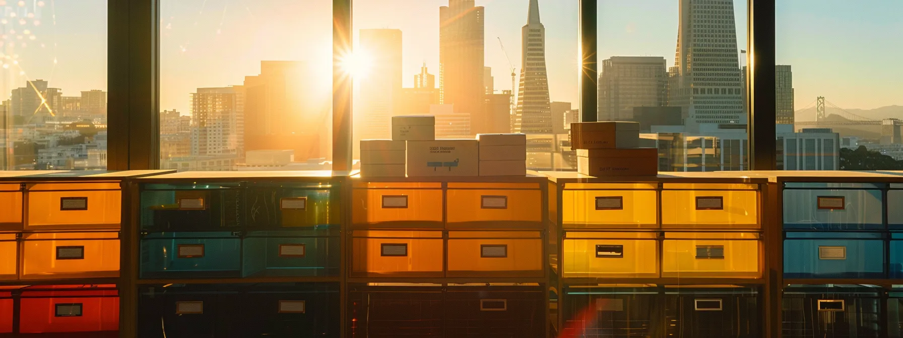 Colorful Boxes Labeled By Room, Stacked Neatly In A Sunlit Room Overlooking The Iconic Skyline Of Downtown San Francisco.