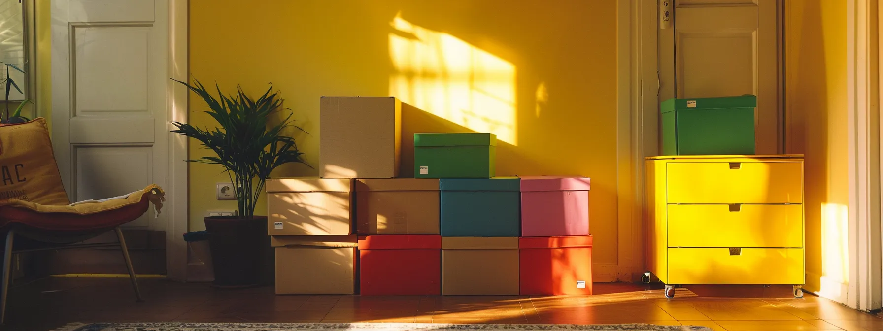 Colorful Moving Boxes Stacked Neatly In A Sunny Room, Ready For Immediate Relocation Support.