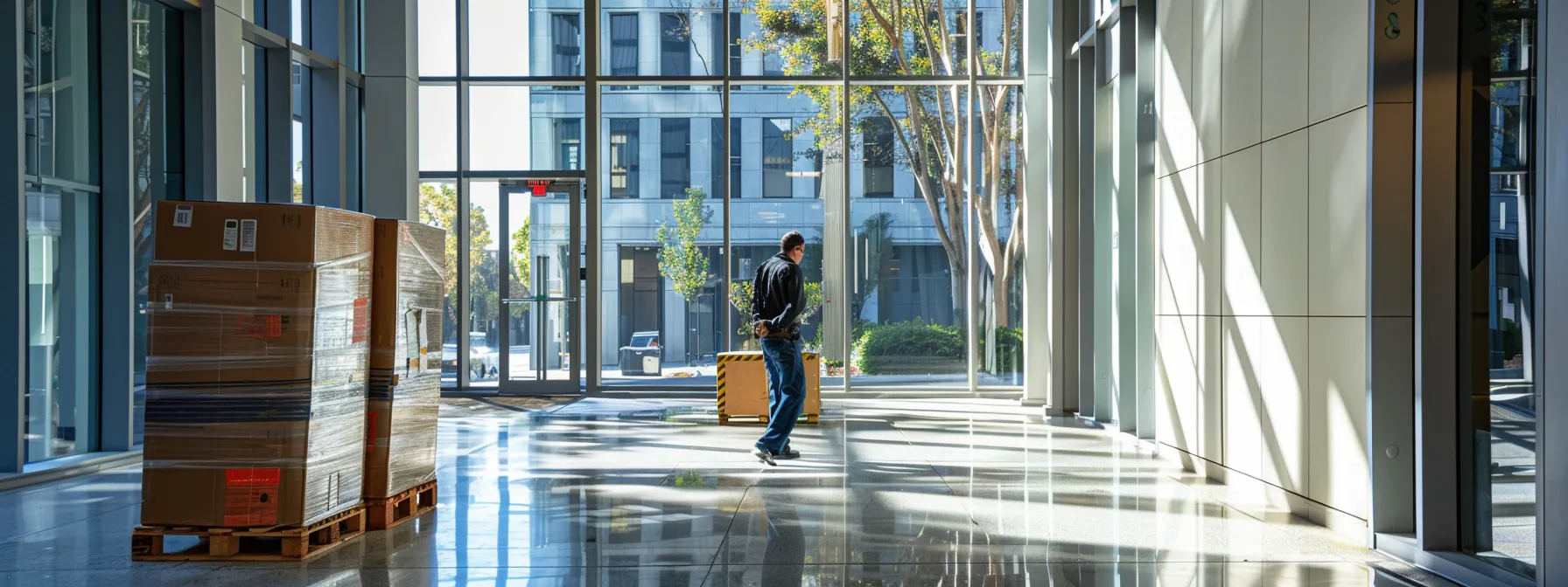 A Commercial Moving Expert Carefully Maneuvering Sensitive Equipment In A Sleek Office Building In Downtown San Francisco. Latitude: 37.7749° N Longitude: 122.4194° W