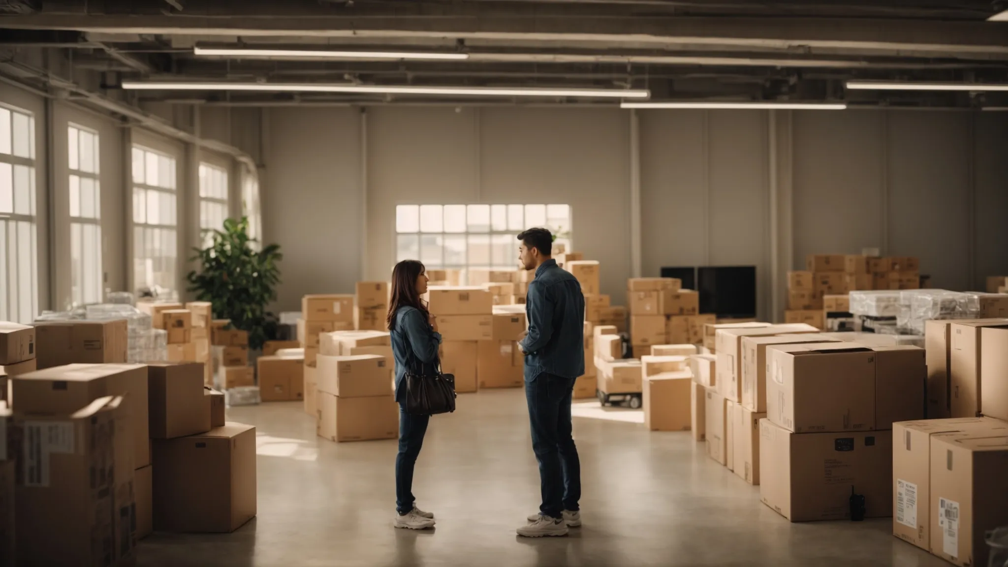 A Couple Discussing Moving Logistics Surrounded By Labeled Boxes And A Map In A Well-Lit Room, Preparing For An Emergency Relocation In Irvine, Ca (33.6846° N, -117.8265° W).