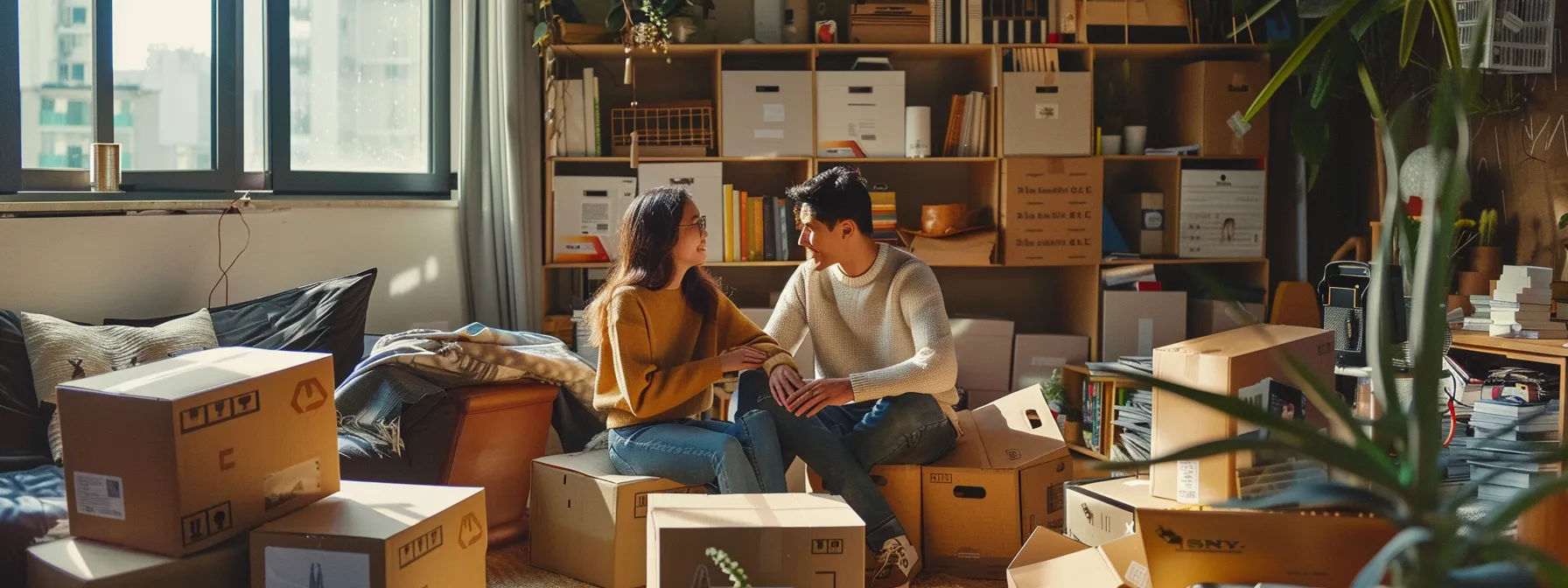 A Couple Discussing Their Specific Moving Needs Surrounded By Moving Boxes In A Cluttered Room.