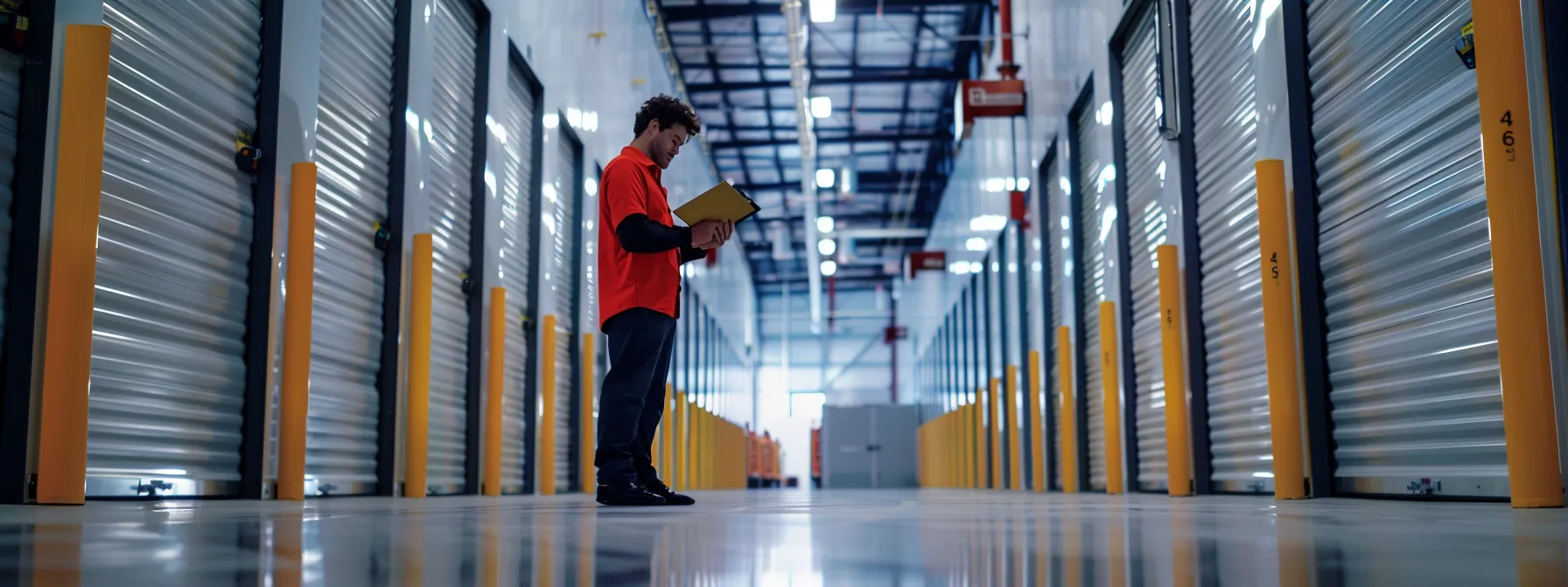 Customer Reviewing Testimonials On A Clipboard In A Modern Storage Facility In Orange County, With Bright Natural Light Illuminating The Space.