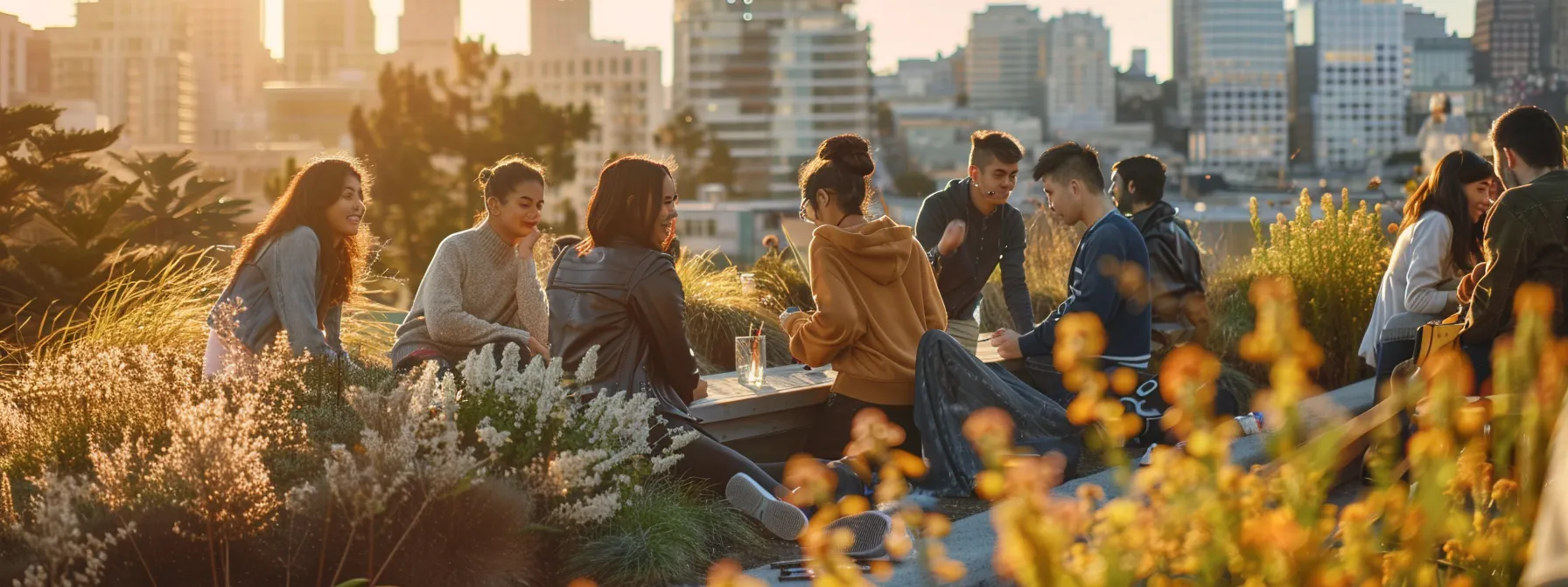 A Diverse Group Of New Residents In San Francisco Engaging With Their Neighbors And Community, Surrounded By Bustling City Life At The Coordinates 37.7749° N, 122.4194° W.