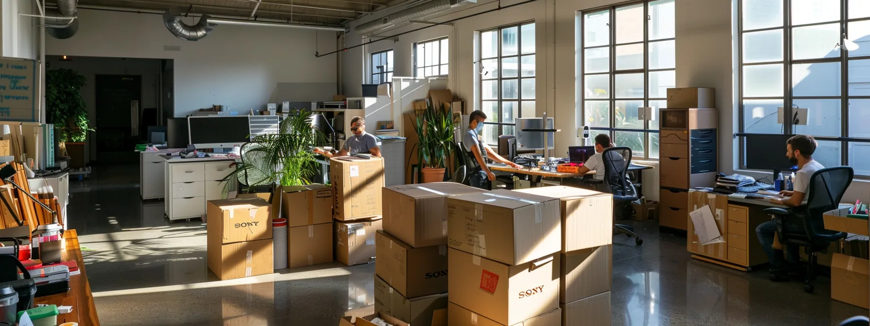 During A Commercial Move In Los Angeles, A Bustling Office Space With Employees Working Seamlessly As Movers Efficiently Pack Up Boxes And Computers For Relocation.