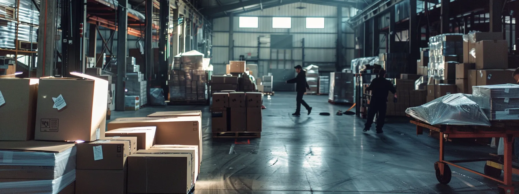 Efficient Packing Station In An Orange County Warehouse, With Workers Swiftly Handling Custom Wholesale Boxes And Foam Materials.