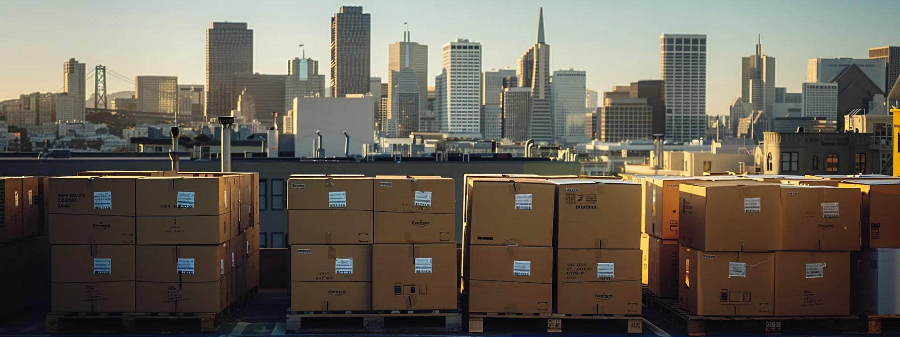 Efficiently Organized Moving Boxes Labeled With Destination Coordinates, Ready For Long-Distance Transport, Against A Backdrop Of Urban Skylines In Downtown San Francisco.