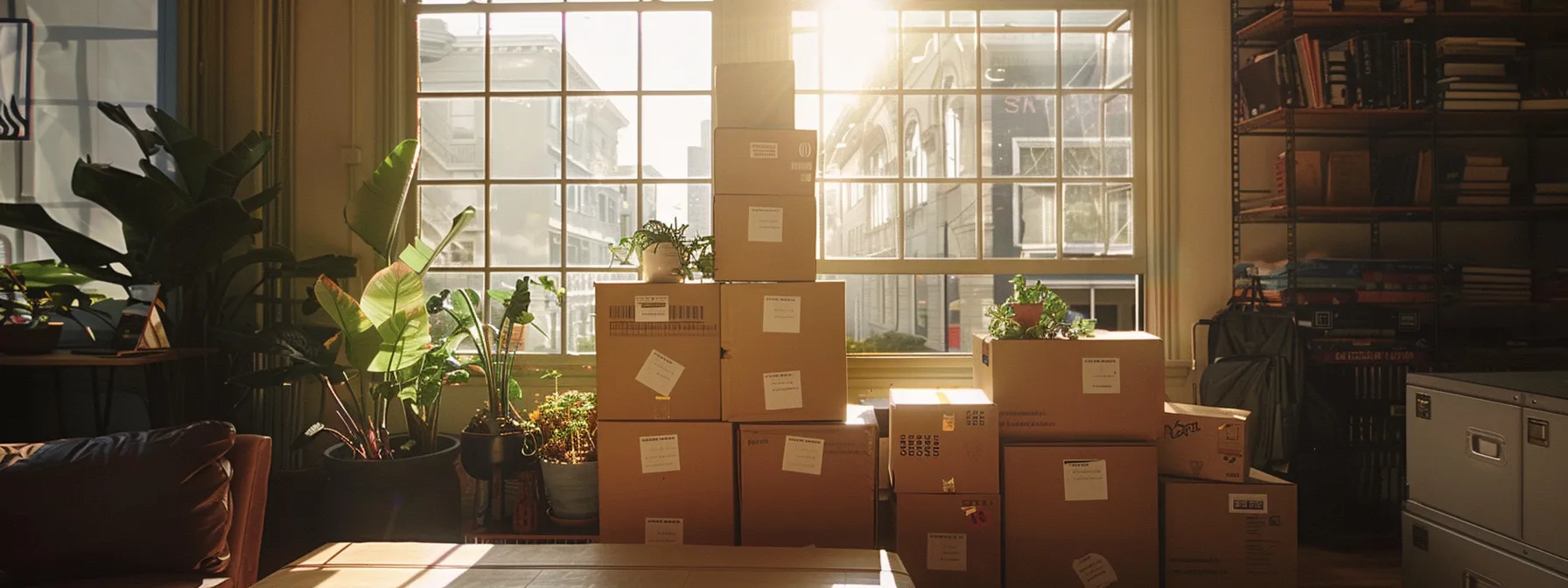 Efficiently Packed Moving Boxes Labeled And Stacked Neatly In A Sunny San Francisco Apartment, Ready For The Big Move.