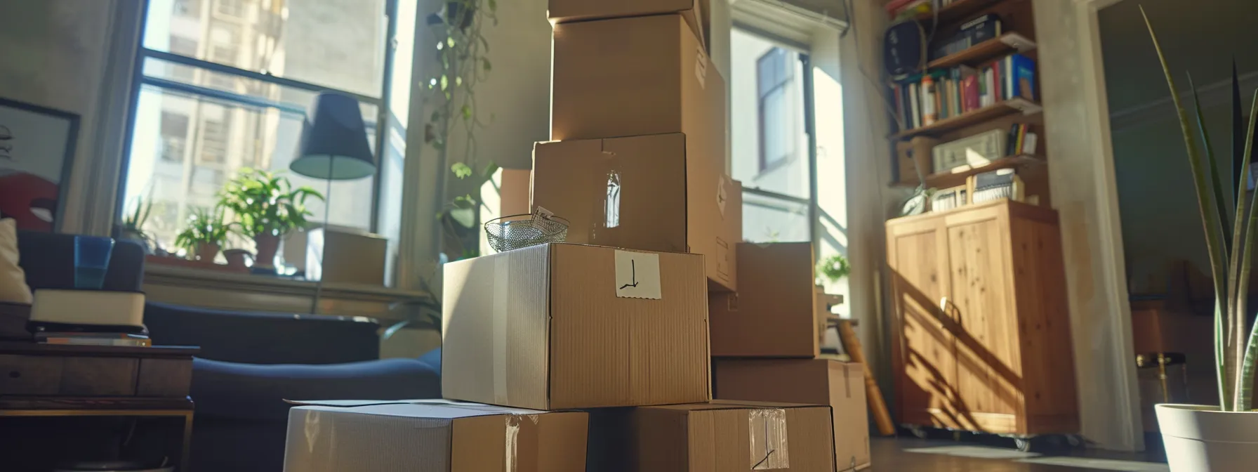 Efficiently Packed Moving Boxes Labeled And Stacked In A San Francisco Apartment.