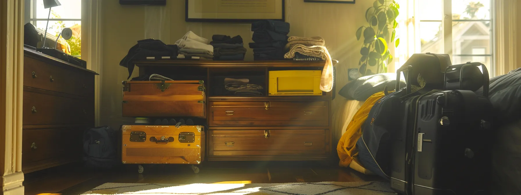 Efficiently Packed Suitcases And Drawers Line A Sunlit Room, Showcasing The Organized Rolling Method For Clothes And Disassembled Furniture Pieces, Ready For An Orange County Move In Irvine, Ca.