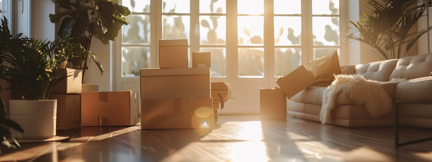 Efficiently Unpacking Boxes In A Bright, Spacious Living Room With Sunlight Streaming In Through Large Windows.