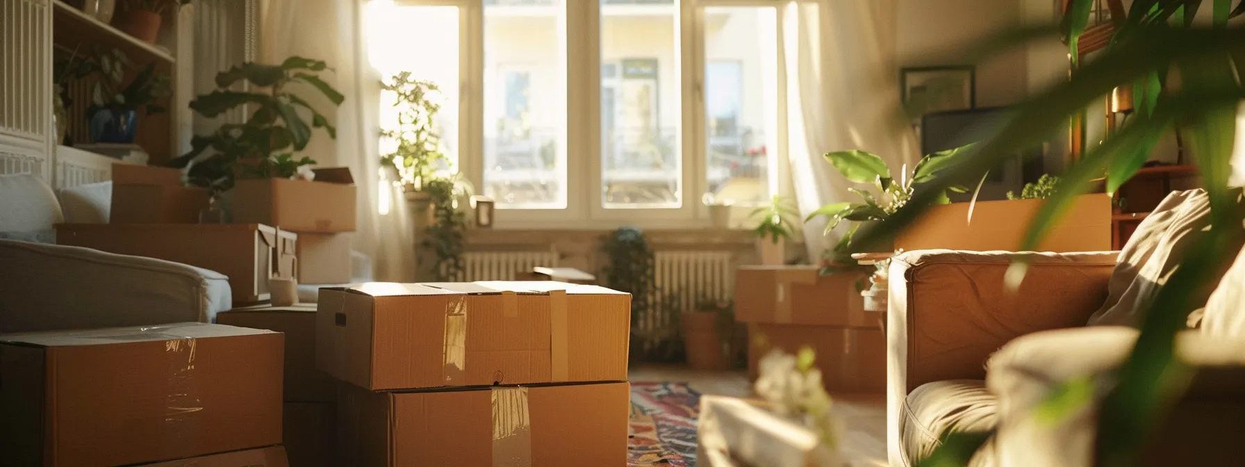 Efficiently Unpacking Essentials In A Cozy, Sunlit Living Room With Moving Boxes Scattered Around, Creating A Sense Of New Beginnings And Comfort In A New Home After Relocation.