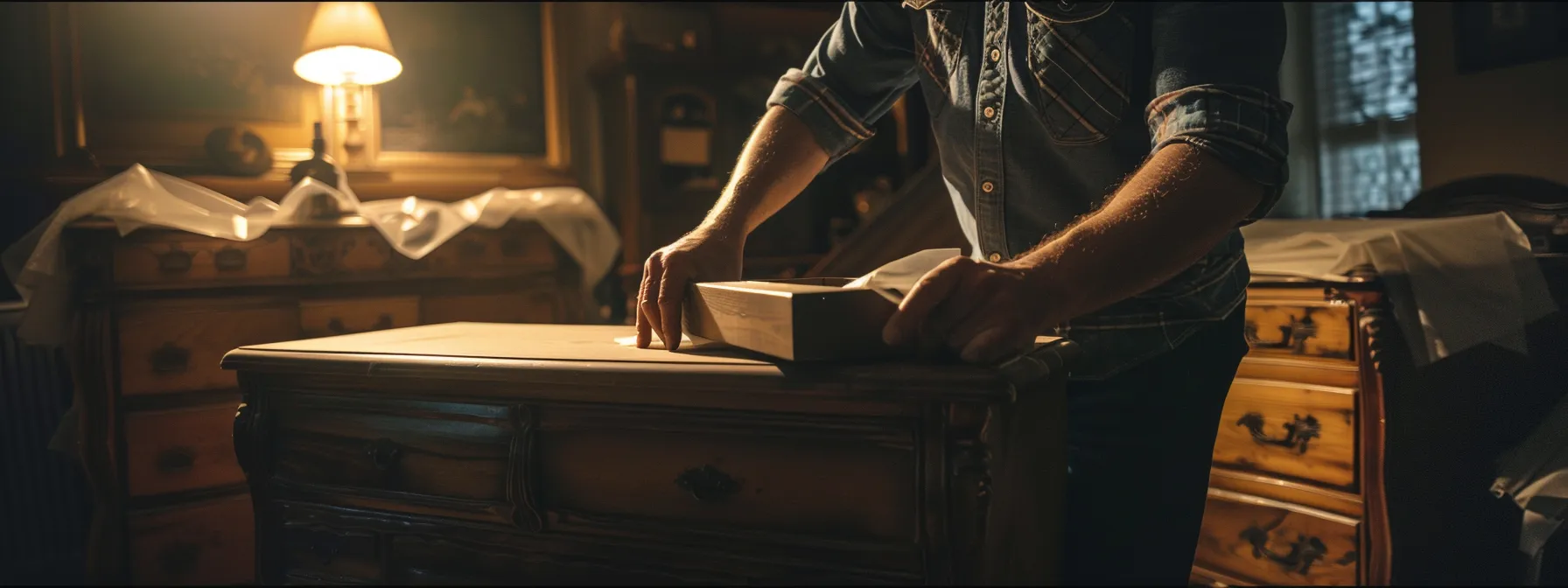 Expert Furniture Movers Carefully Wrapping A Delicate Antique Dresser In Protective Padding Before Transport.