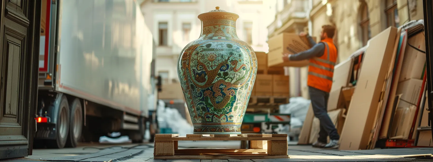 Expert Movers Carefully Wrapping A Priceless Antique Vase In Specialized Cushioning Material Before Loading It Into A Climate-Controlled Truck For Safe Transport.