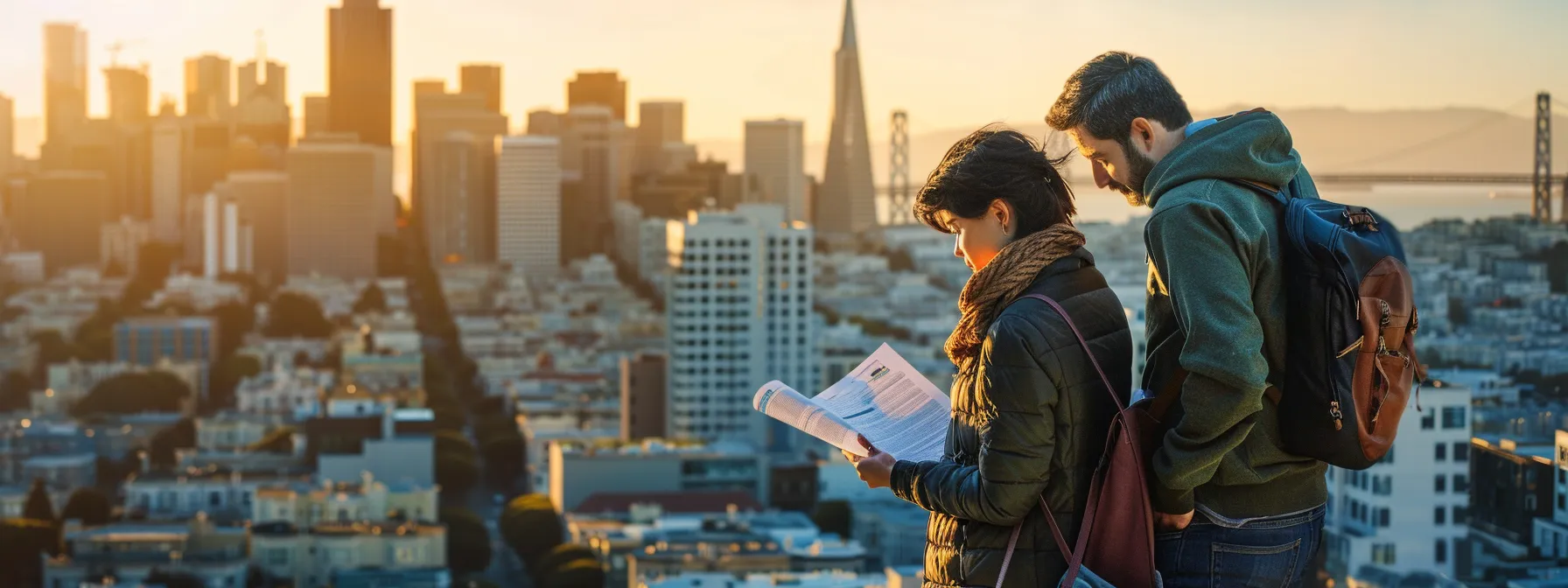 A Family Carefully Reviewing A Moving Contract In Front Of The Iconic Skyline Of Downtown San Francisco, Ensuring They Are Protected During Their Interstate Move, With The Coordinates 37.7749° N, 122.4194° W.