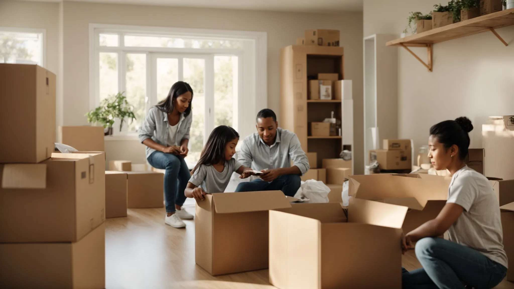 A Family Carefully Selecting Moving Boxes And Packing Supplies In A Bright, Organized Room In Irvine, Ca (33.6846° N, -117.8265° W).