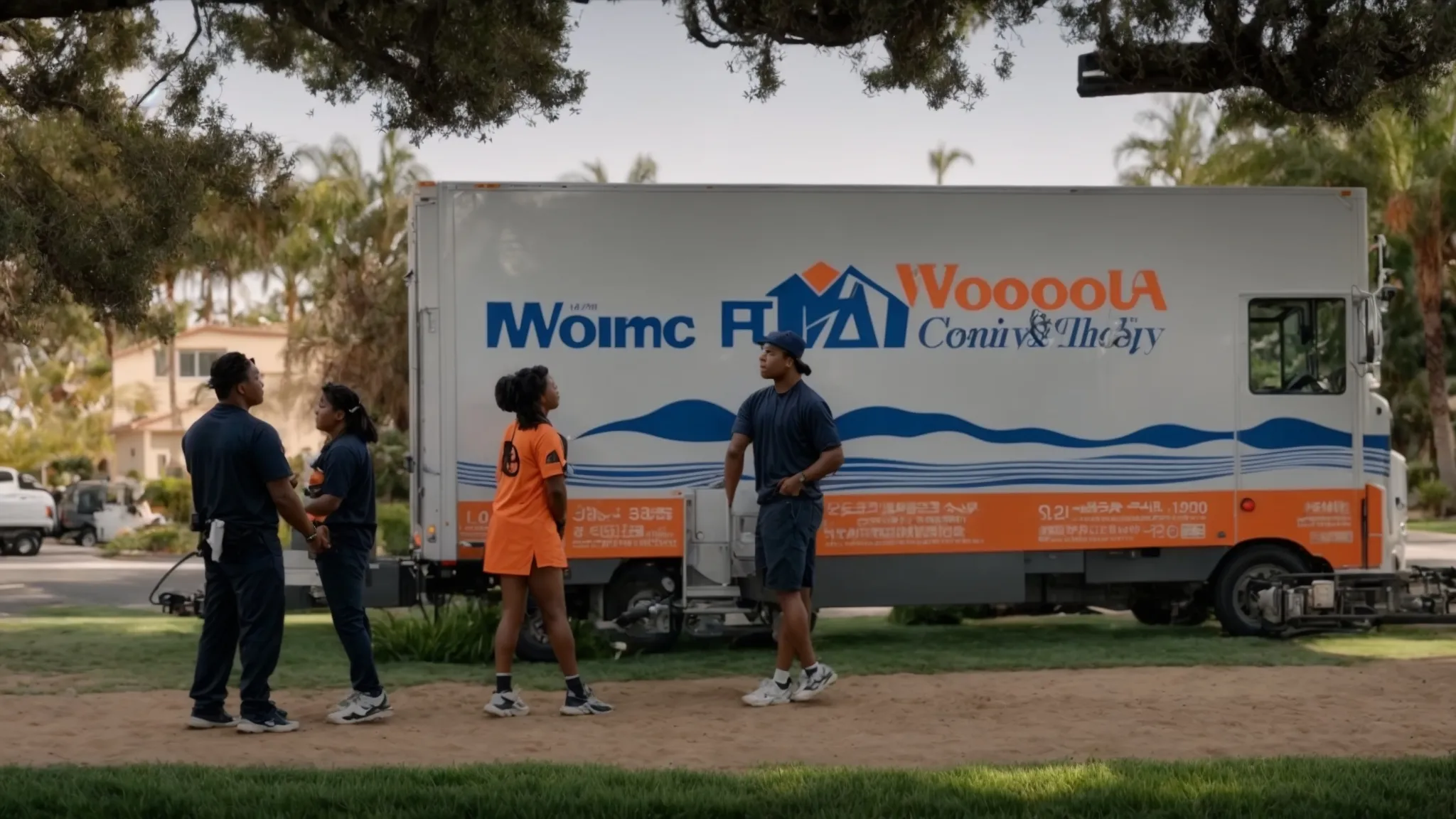 A Family Stands In Front Of A Moving Truck, Adorned With The Logo Of A Reputable Orange County Moving Company, While Shaking Hands With The Movers In Irvine, Ca (33.6839° N, -117.8265° E).