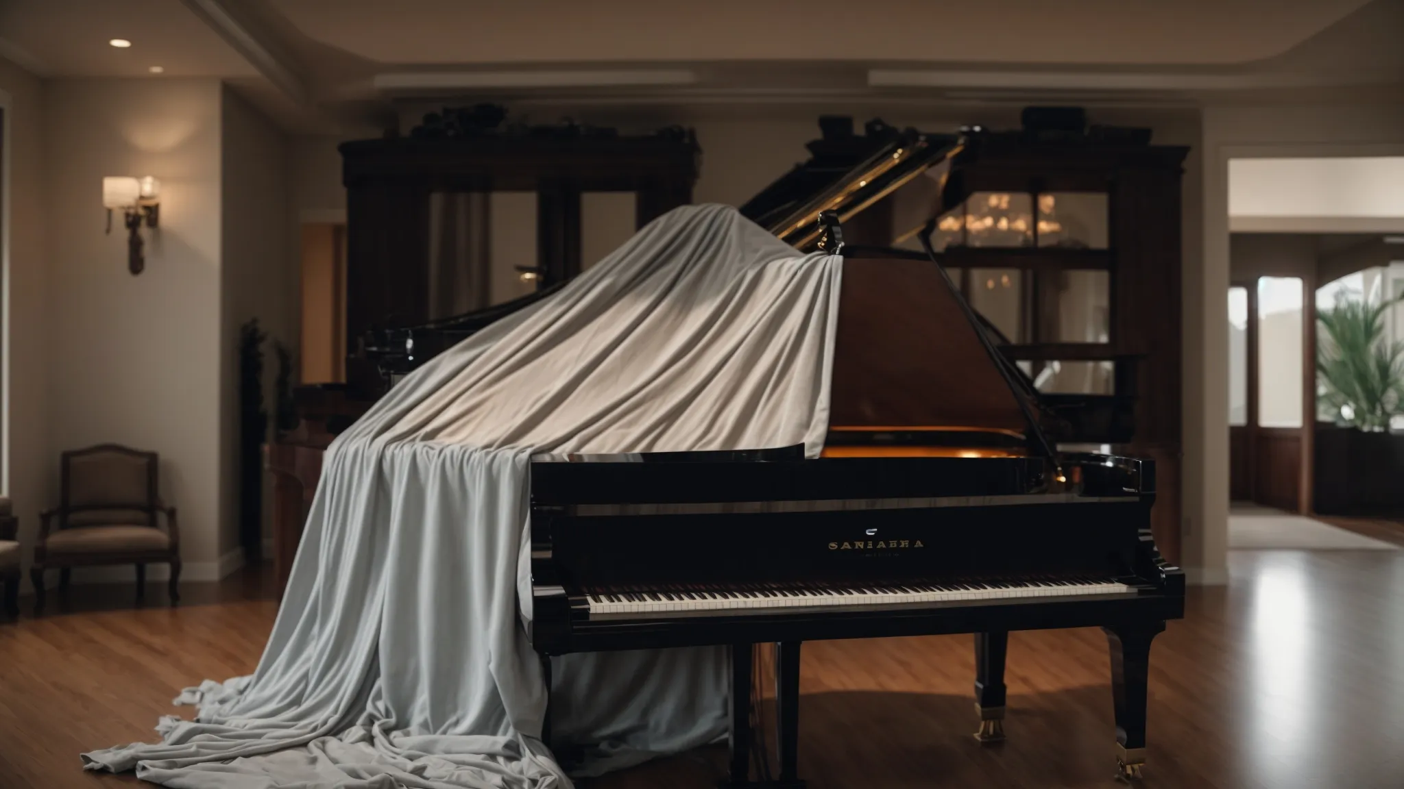 A Grand Piano Covered In Protective Blankets And Secured With Straps, Ready For A Safe Move In Irvine, Ca (Lat: 33.6846, Long: -117.8254).