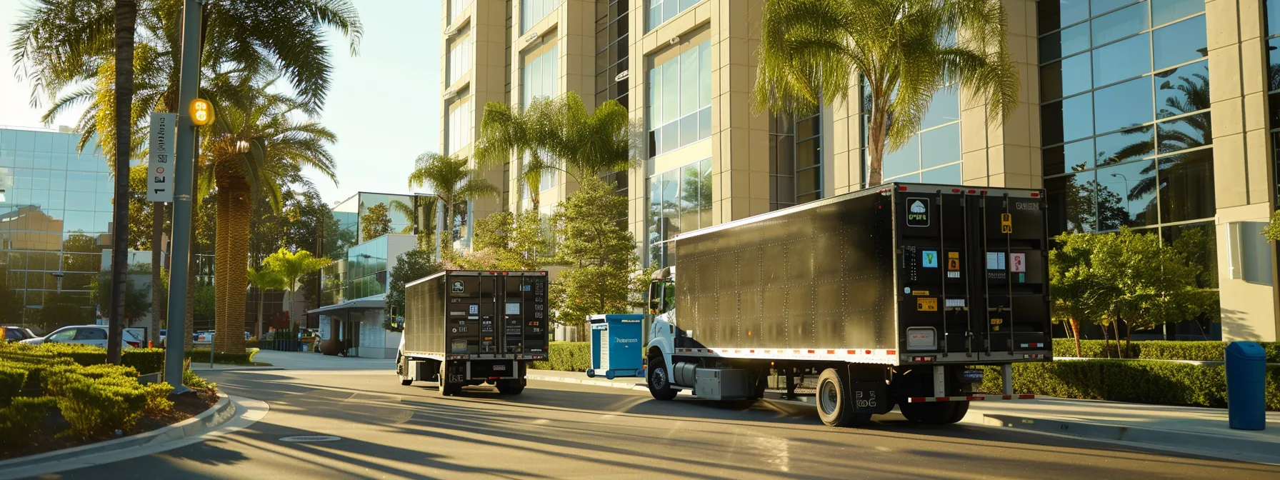 A Group Of Eco-Friendly Movers In Orange County Carefully Loading Solar-Powered Moving Trucks With Labeled Recycling Bins Outside A Modern Office Building In Irvine, Ca (33.6846° N, 117.8265° W).