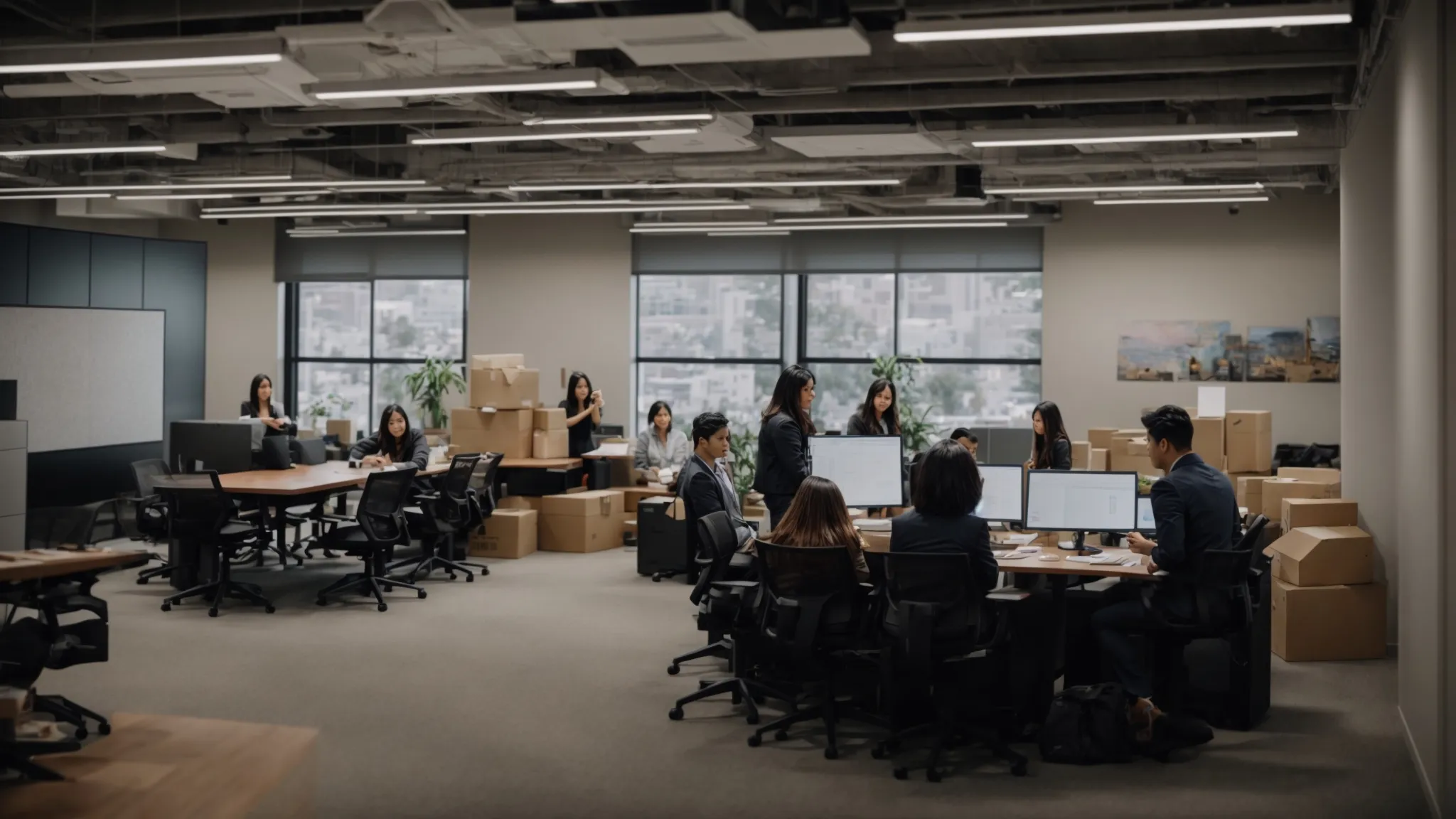 A Group Of Employees In A Collaborative Meeting, Surrounded By Moving Boxes And Maps, Planning Their Office Move Strategically In The Santa Ana District Office In Irvine, Ca (Lat: 33.6846, Long: -117.8265).