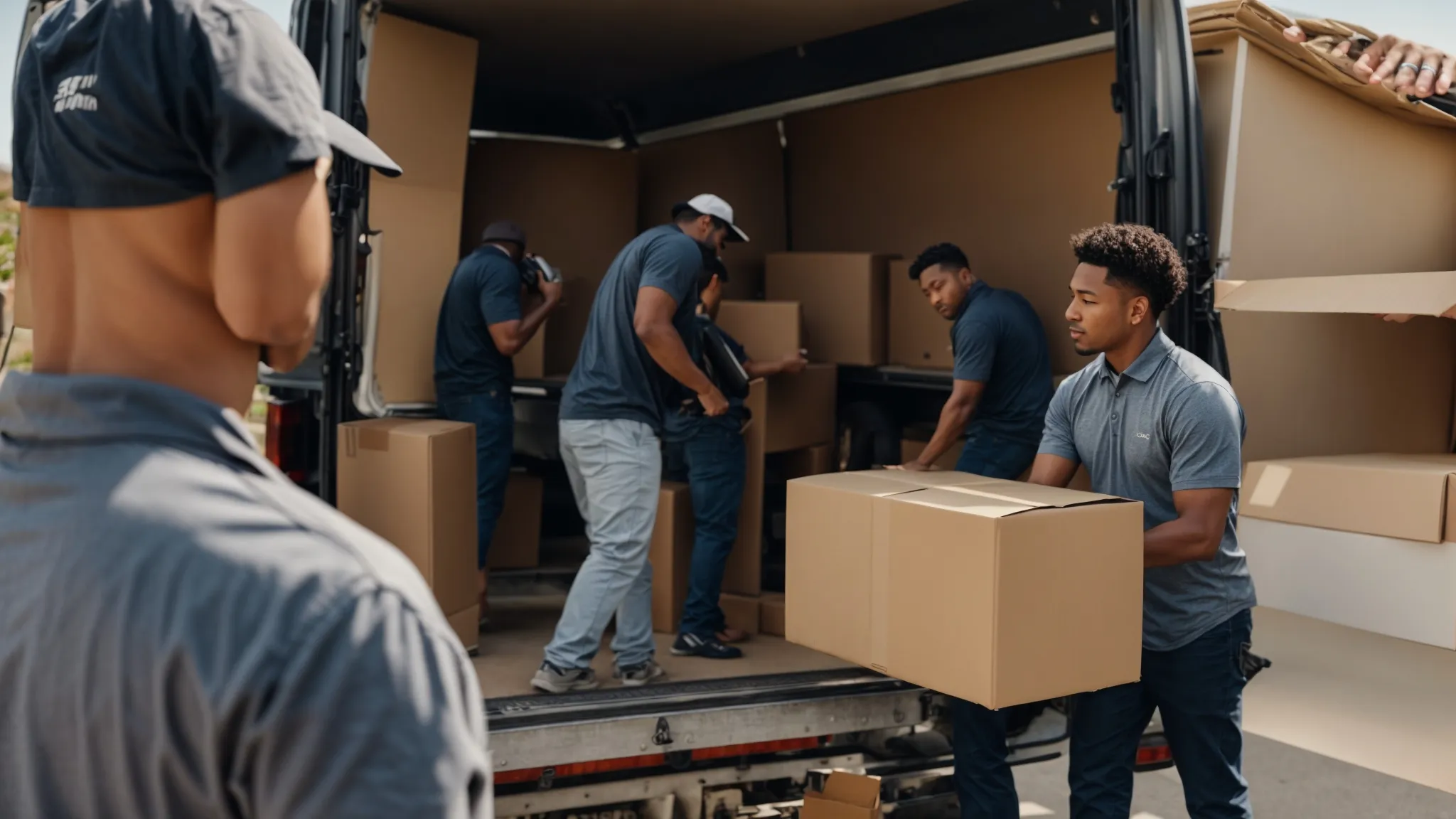 A Group Of Experienced Movers Carefully Loading Boxes Into A Moving Truck In Irvine, Ca (33.6846° N, -117.8265° W).