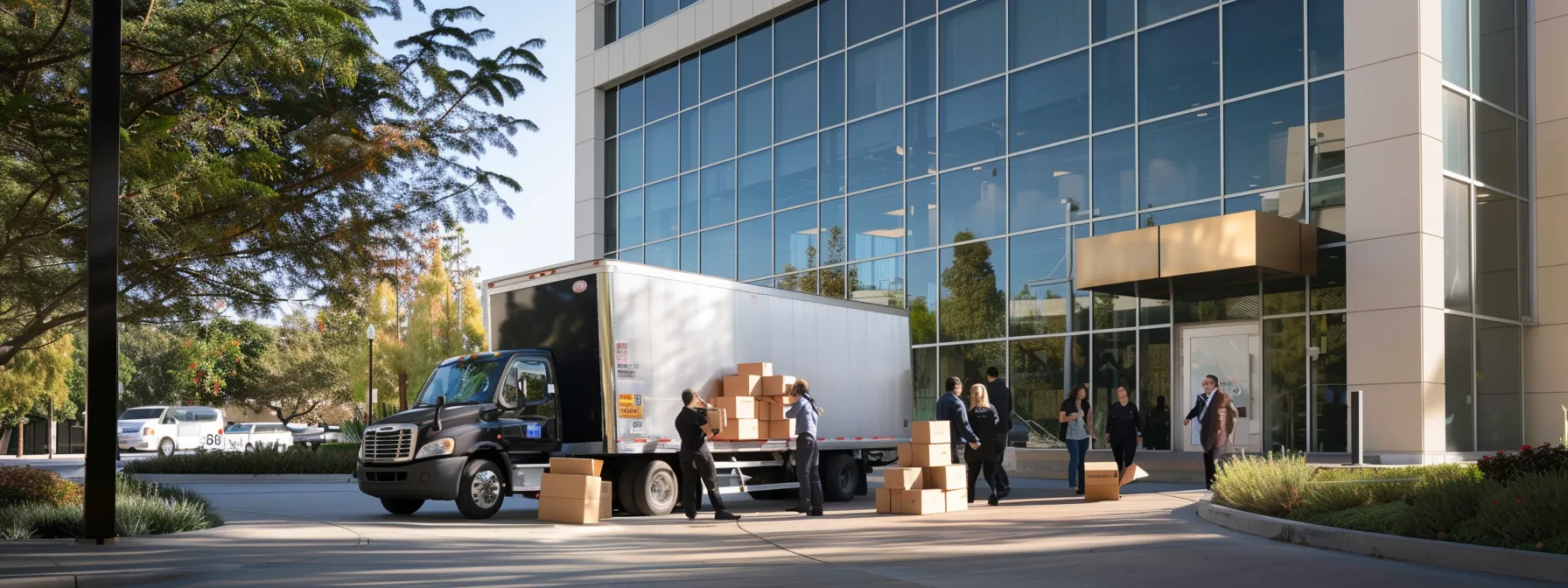 A Group Of Movers Carefully Loading Labeled Boxes Onto A Moving Truck Outside A Sleek Office Building, With Employees In Business Attire Supervising The Process, Showcasing A Seamless Business Relocation In Irvine, Ca (33.6846° N, 117.8265° W)