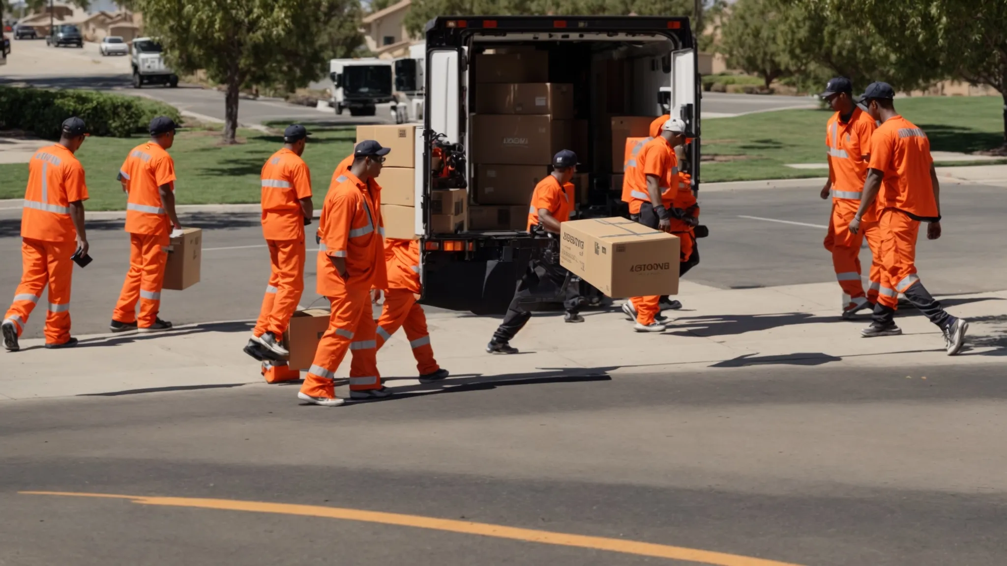 A Group Of Movers, Clad In Bright Orange Uniforms, Swiftly Loading Boxes Into A Moving Truck In The Sunny Streets Of Irvine, Ca (33.6846° N, -117.8265° W).