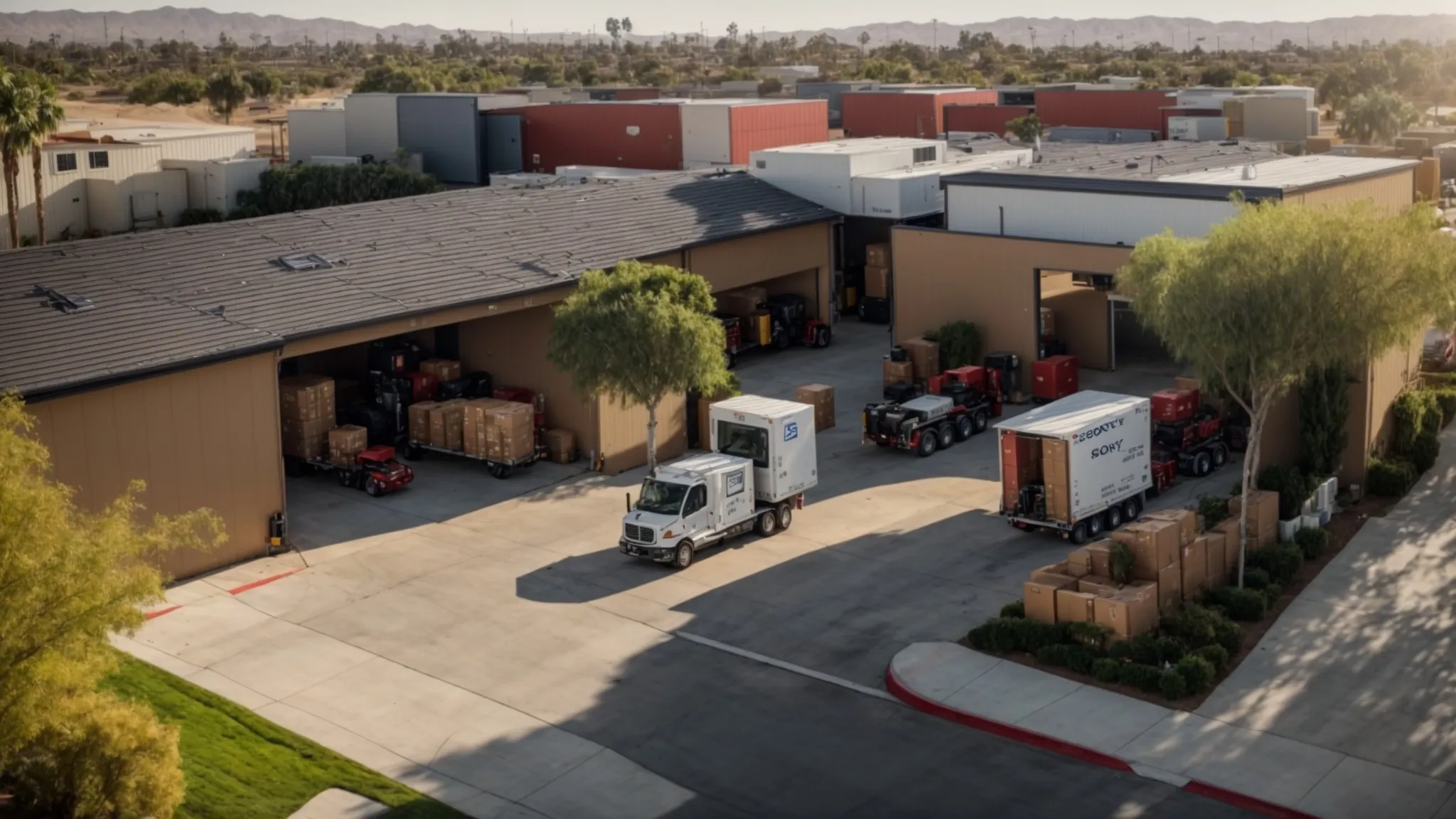 A Group Of Movers Loading Energy-Efficient Vehicles With Moving Boxes In An Eco-Friendly Moving Company Yard In Irvine, Ca (33.6839° N, -117.7947° W).