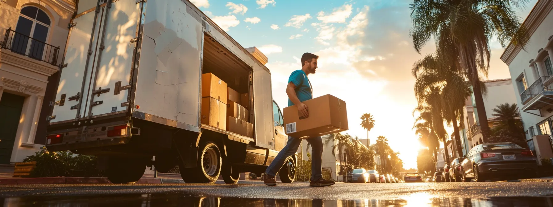 A Group Of Movers Loading Packed Boxes Into A Moving Truck Under The Sunny Skies Of Orange County, Highlighting The Hustle And Bustle Of A Local Move In Anaheim, Buena Park, And Fullerton.