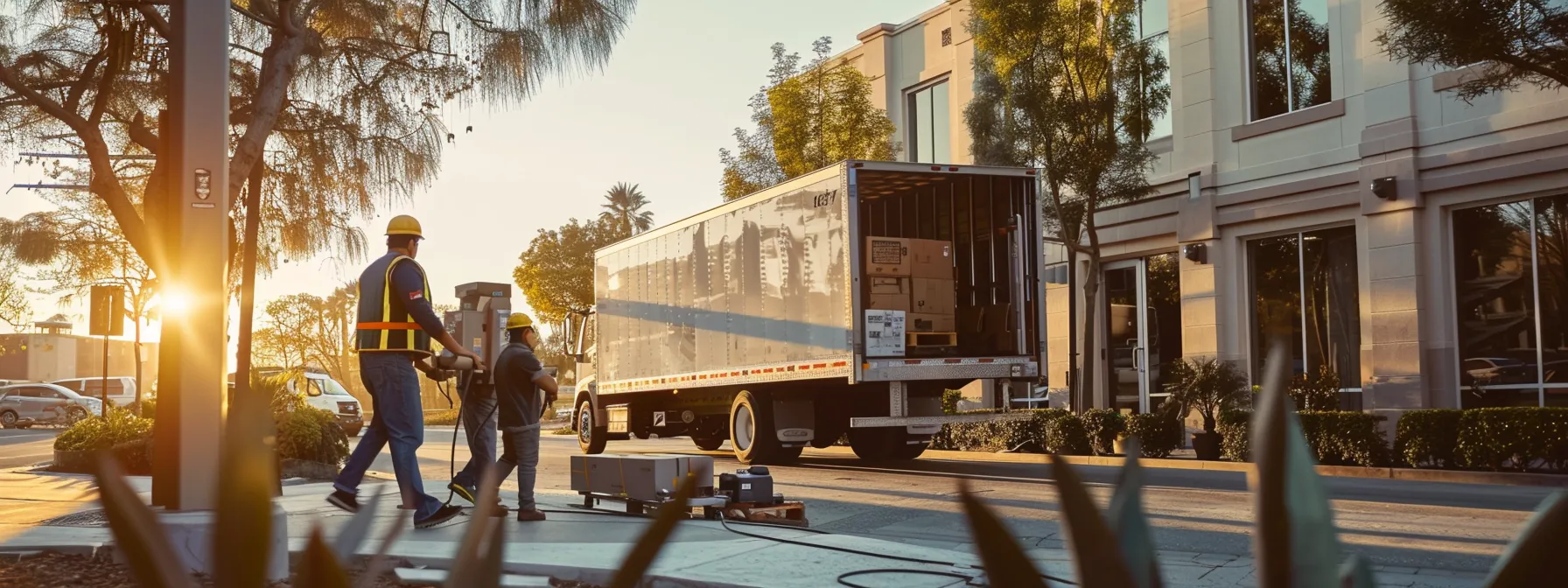 A Group Of Professional Movers Carefully Loading Office Equipment Into A Branded Moving Truck In Irvine, Ca (33.6846° N, 117.8265° W) For A Seamless Relocation Experience.