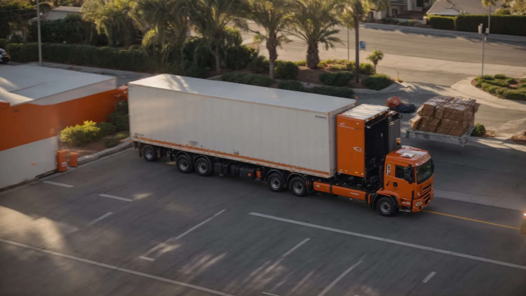 A Group Of Professional Movers Carefully Loading Boxes Into A Bright Orange Moving Truck In Sunny Irvine, Ca (Lat: 33.6846, Long: -117.8265).