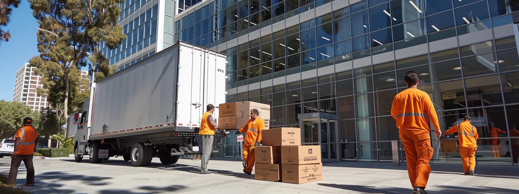 A Group Of Professional Movers In Bright Orange Uniforms Carefully Loading Boxes Into A Moving Truck In Front Of A Modern Office Building, Showcasing Reliability And Efficiency (Irvine, Ca - 33.6846° N, 117.8265° W - Image File Name: Professional_Movers_Irvine_Ca).