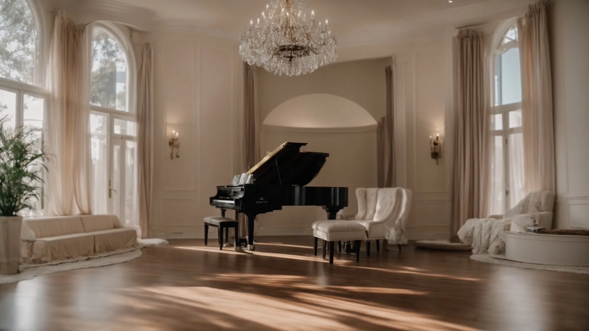 A Heavy Grand Piano Precariously Balanced On A Staircase Landing, Showcasing The Risks And Challenges Of Moving Without Professional Help, Located In Irvine, Ca (33.6846° N, 117.8265° W).