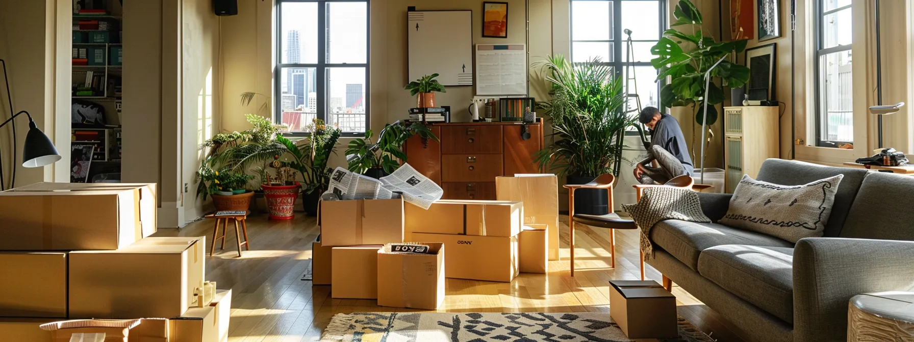 In A Spacious, Organized Living Room In San Francisco, A Person Carefully Wraps Delicate Items In Newspaper While Packing Boxes To Lower Long-Distance Moving Expenses.