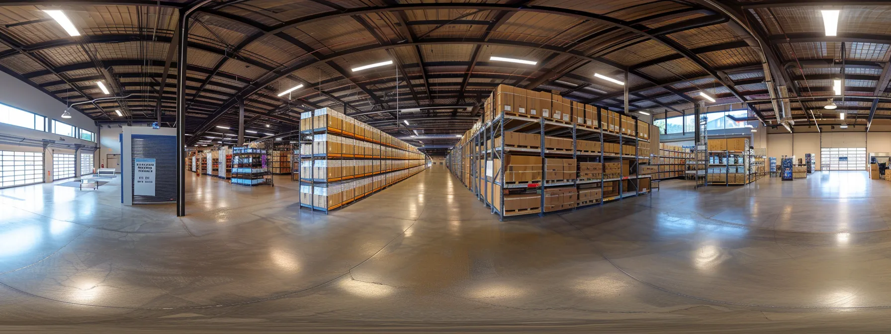 Inside A Modern Storage Facility In Orange County, A Brightly Lit Room Showcasing Rows Of Neatly Stacked Boxes And Items, With Clear Price Charts And Contract Terms Displayed Prominently.