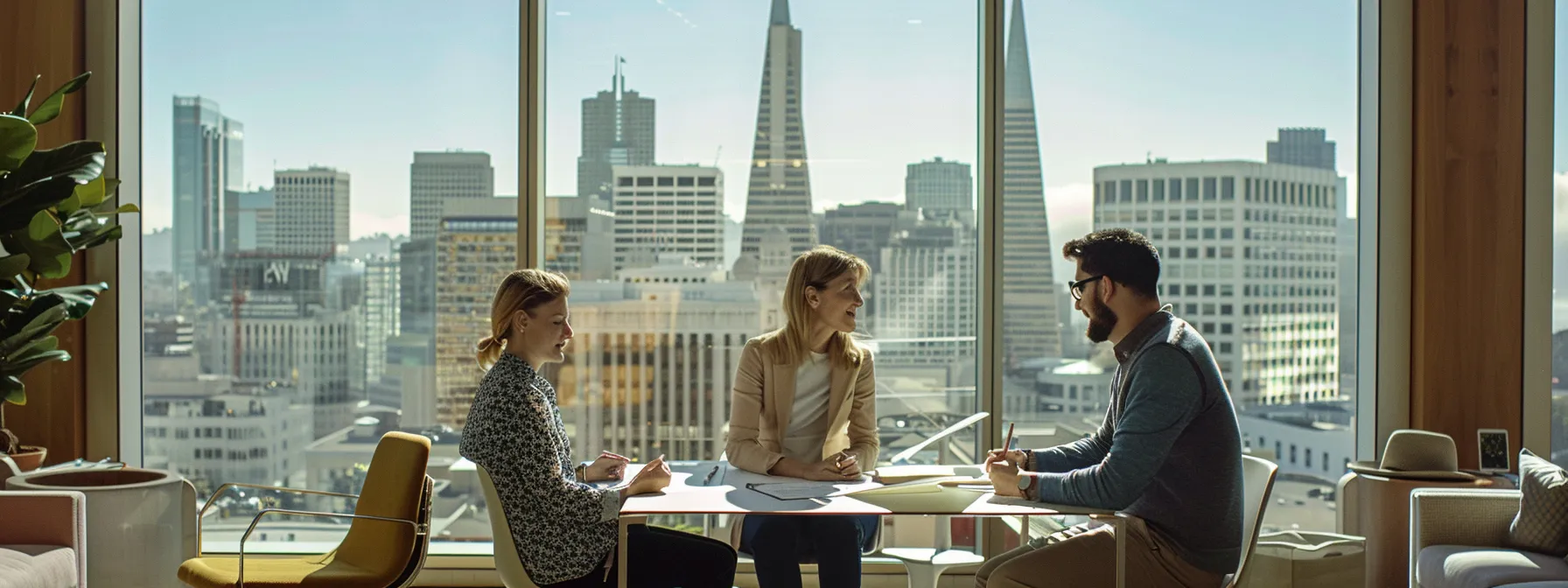 A Moving Coordinator Reviewing Contracts With A Family At A Bustling San Francisco Office Overlooking The Iconic Skyline At Coordinates 37.7749° N, 122.4194° W.