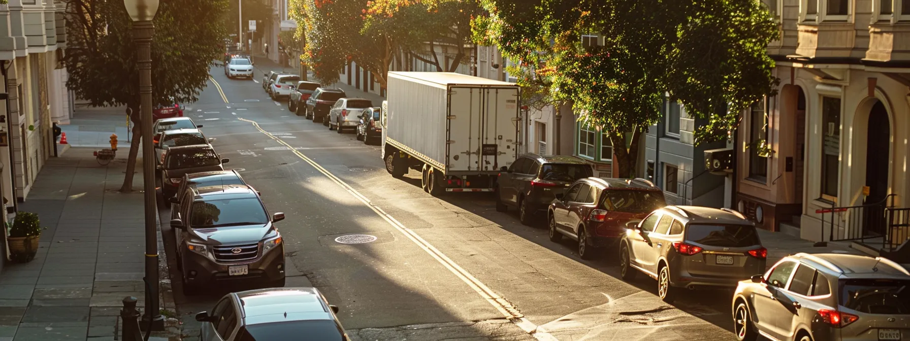 A Moving Truck Carefully Navigating Through Narrow Streets Lined With Parked Cars In Downtown San Francisco, Facing Unique Challenges Of Limited Parking And Tight Spaces. (Geo-Tags: 37.7749° N, 122.4194° W)