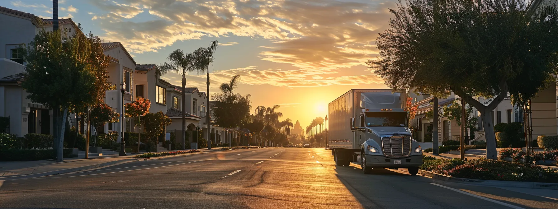 A Moving Truck Driving Through The Picturesque Streets Of Irvine, Ca During Sunset, Showcasing The Importance Of Timing And Scheduling Considerations (Image: Movingtruck_Sunset_Irvineca.jpeg, Geotags: 33.6839° N, 117.8265° W).