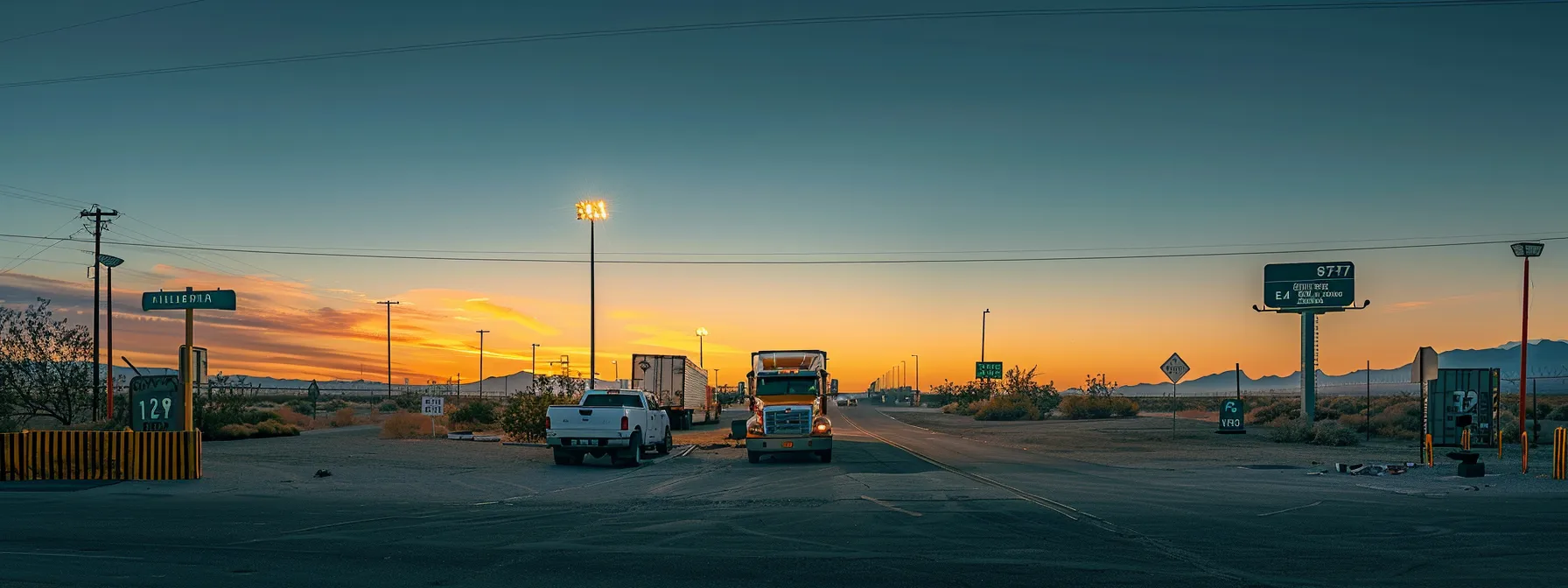 A Moving Truck Parked At A Checkpoint, With A Clear View Of State Border Signs. Geo-Tags: 37.7749° N, 122.4194° W.