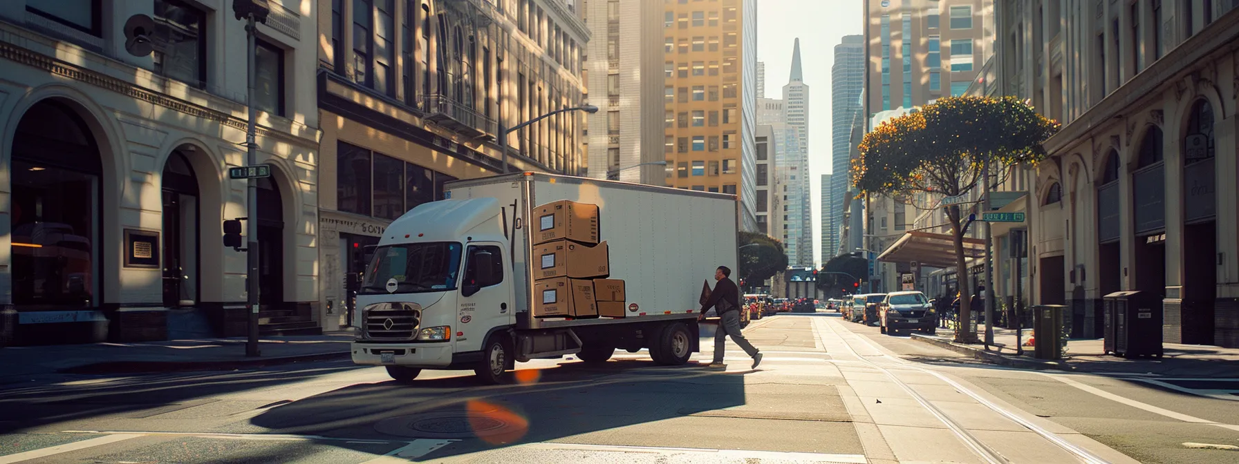 A Moving Truck Parked In Downtown San Francisco, With Movers Unloading Boxes Marked With The Company's Logo, Under The Bright California Sun.