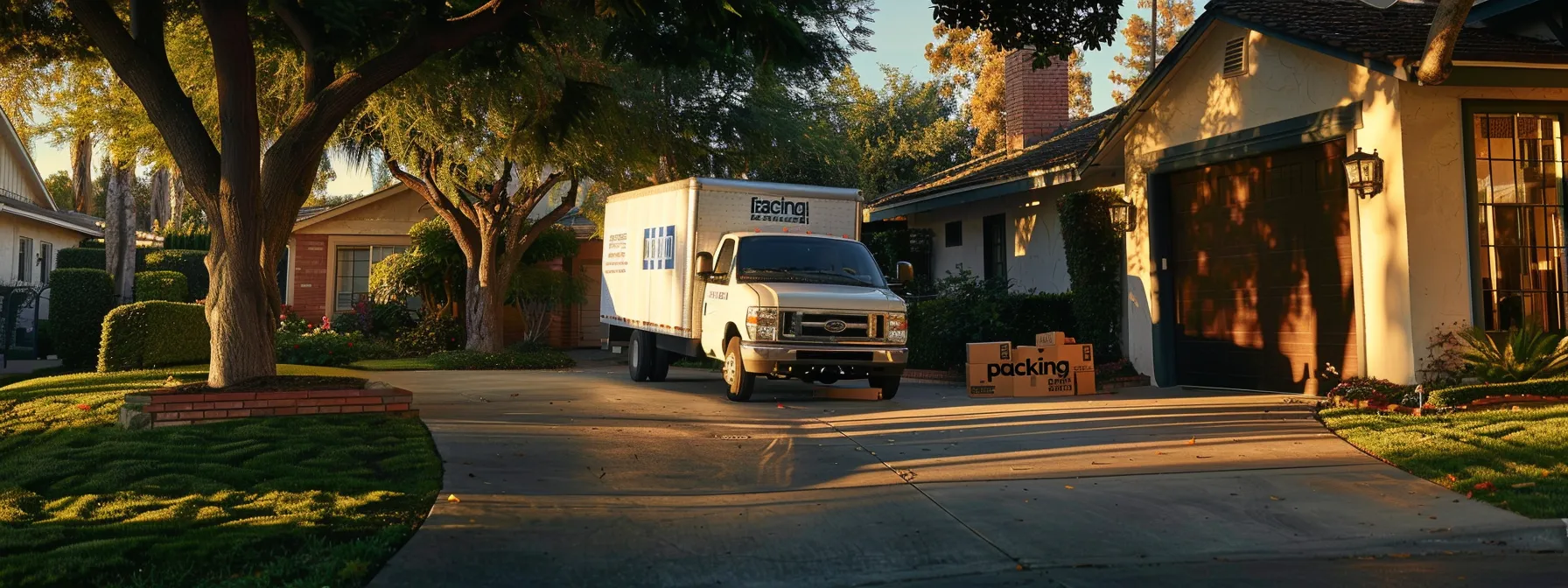 A Moving Truck Parked In Front Of A Tidy Suburban Home In Irvine, Ca, With Professional Movers Unloading Boxes Labeled With 