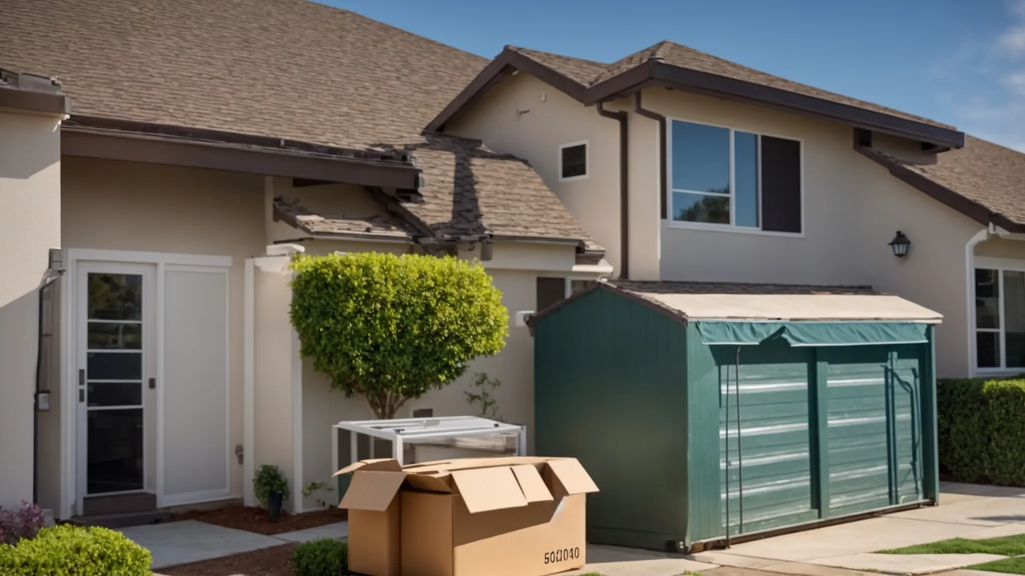 A Moving Truck Parked In Front Of A Suburban House, With Movers Frantically Loading Boxes Under A Clear Blue Sky In Irvine, Ca (33.6846° N, -117.8265° W).