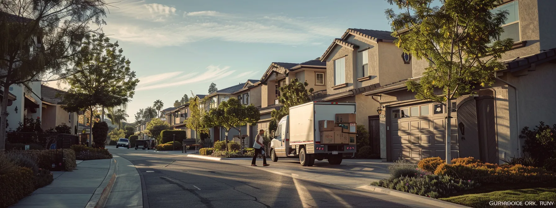 A Moving Truck Parked Outside A Home In Orange County, With Movers Carrying Boxes Into The House, Showcasing Efficient And Immediate Moving Assistance In Irvine, Ca (33.6846° N, 117.8265° W).